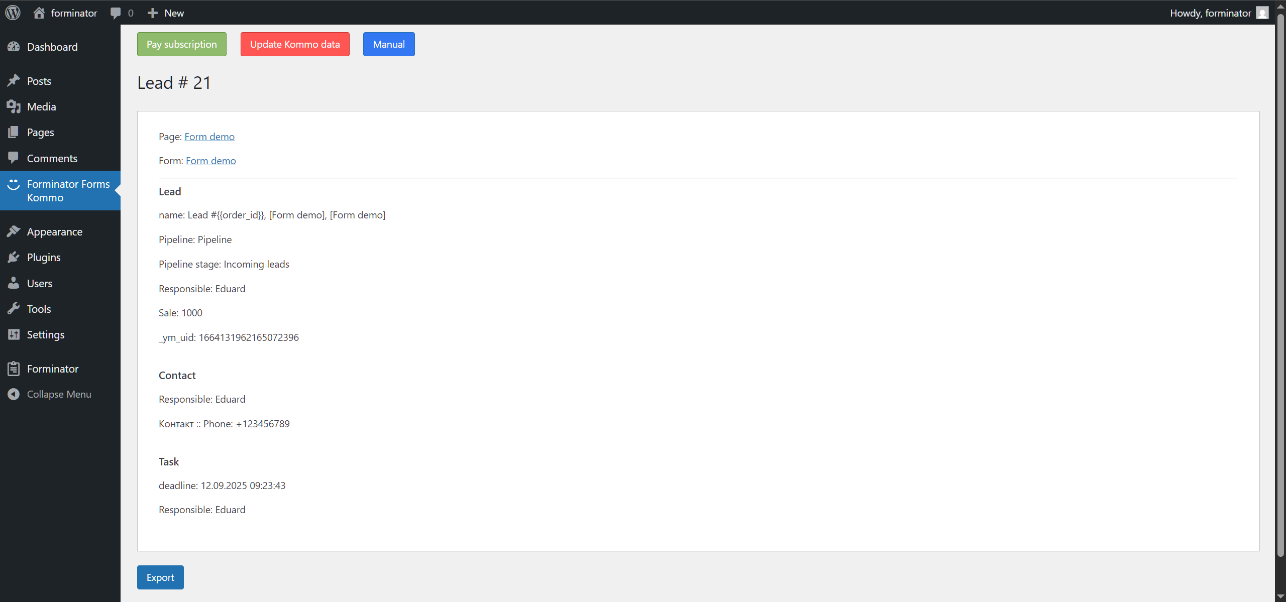Forminator Forms Wordpress integration with the Kommo