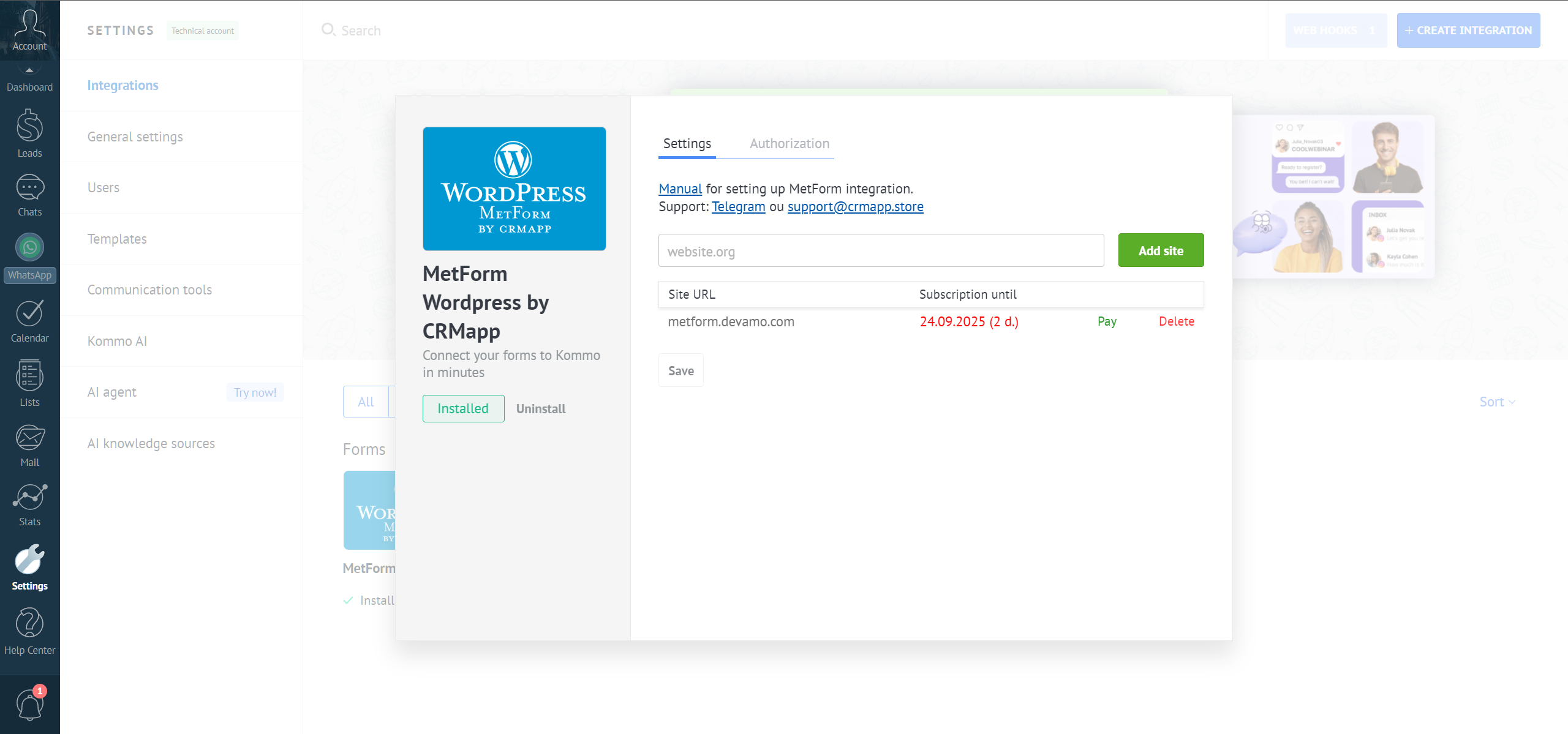 Metform Wordpress integration with the Kommo