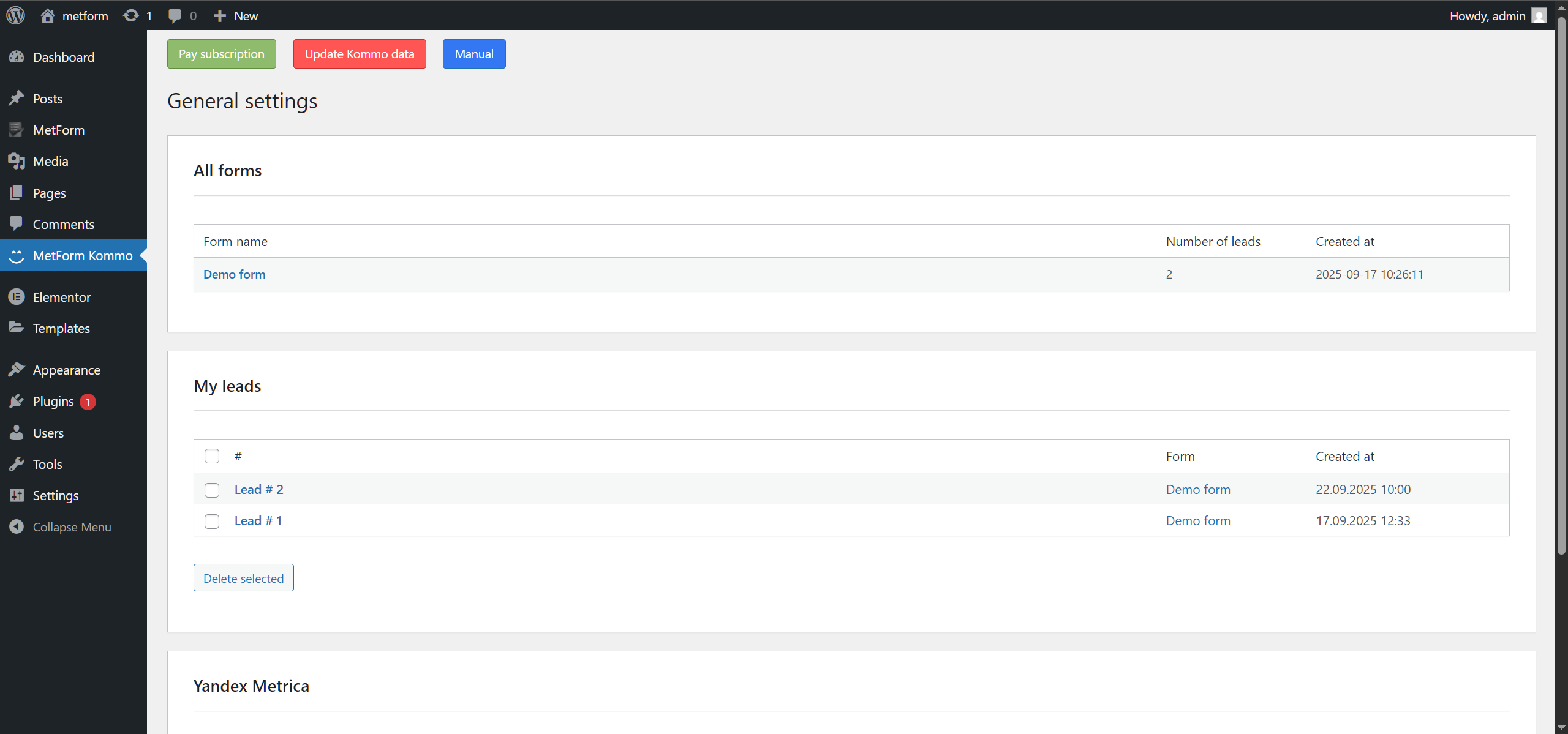 Metform Wordpress integration with the Kommo