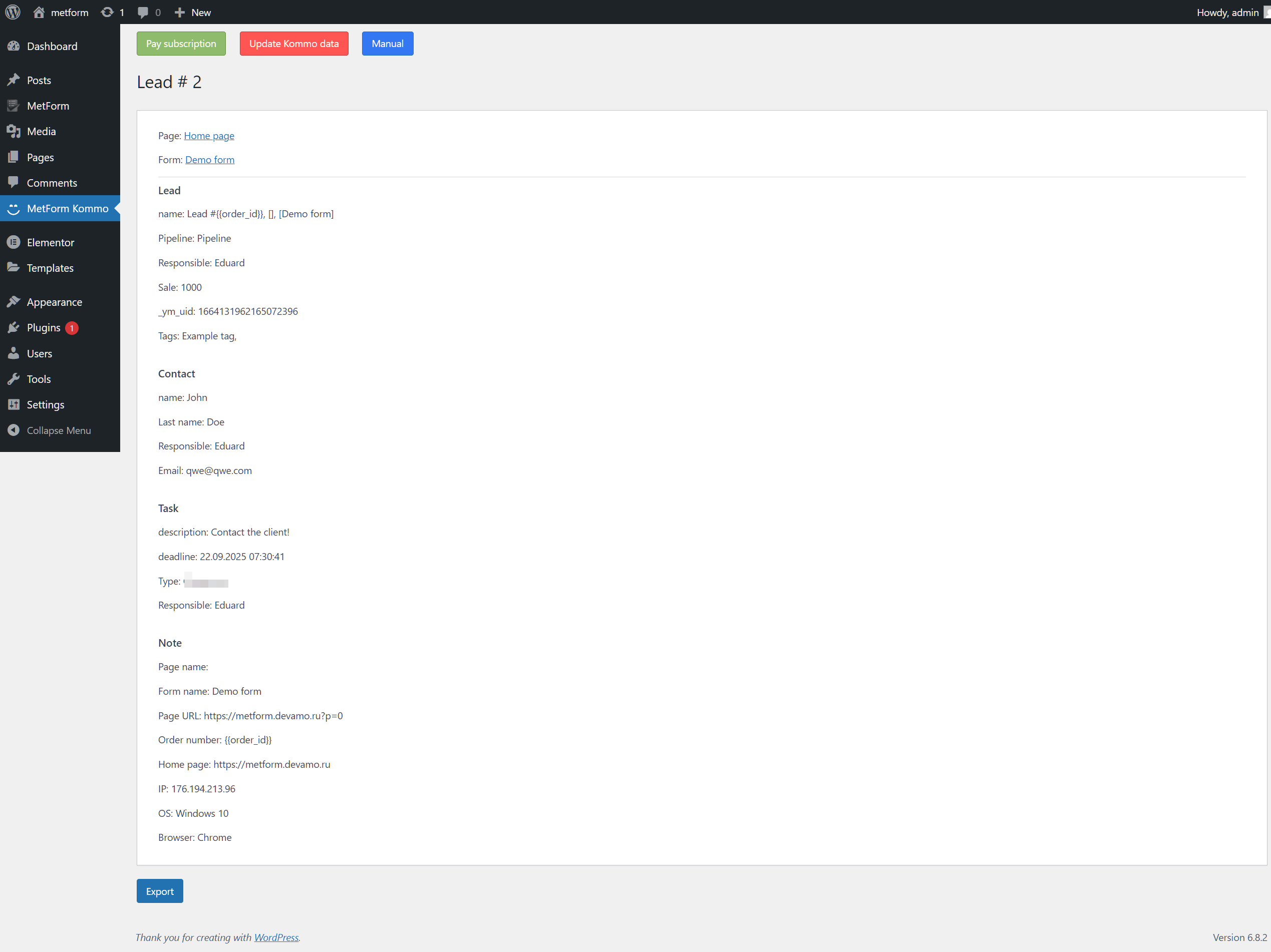 Metform Wordpress integration with the Kommo