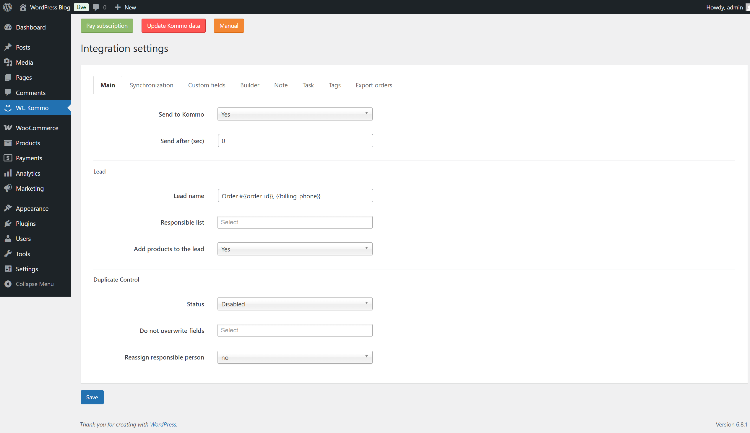 Woocommerce Wordpress integration with the Kommo