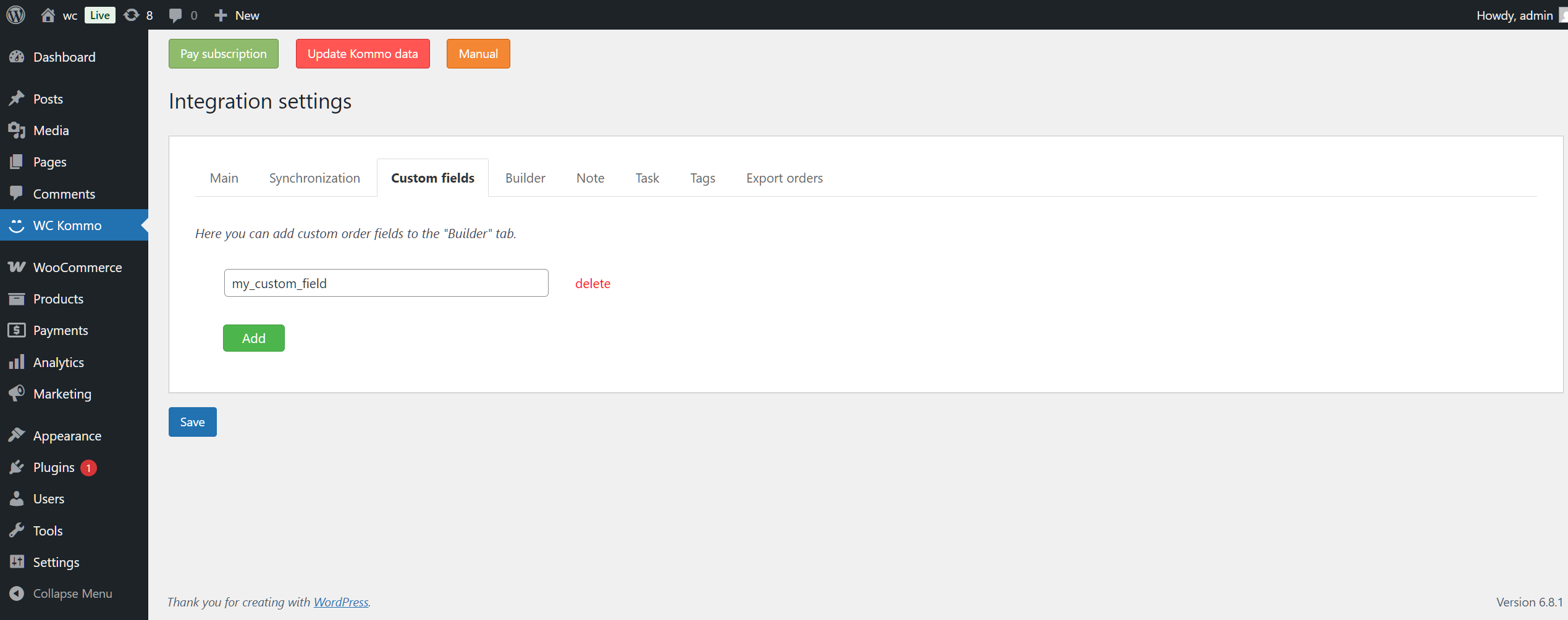 Woocommerce Wordpress integration with the Kommo