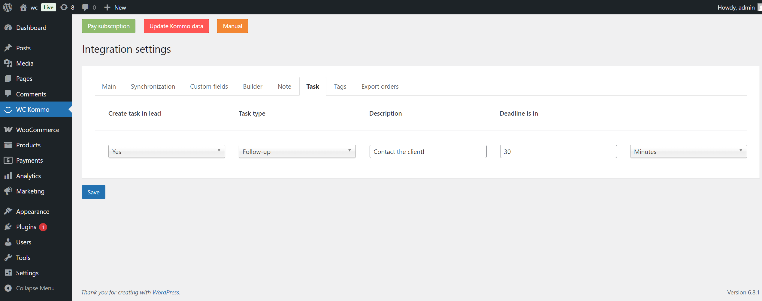 Woocommerce Wordpress integration with the Kommo