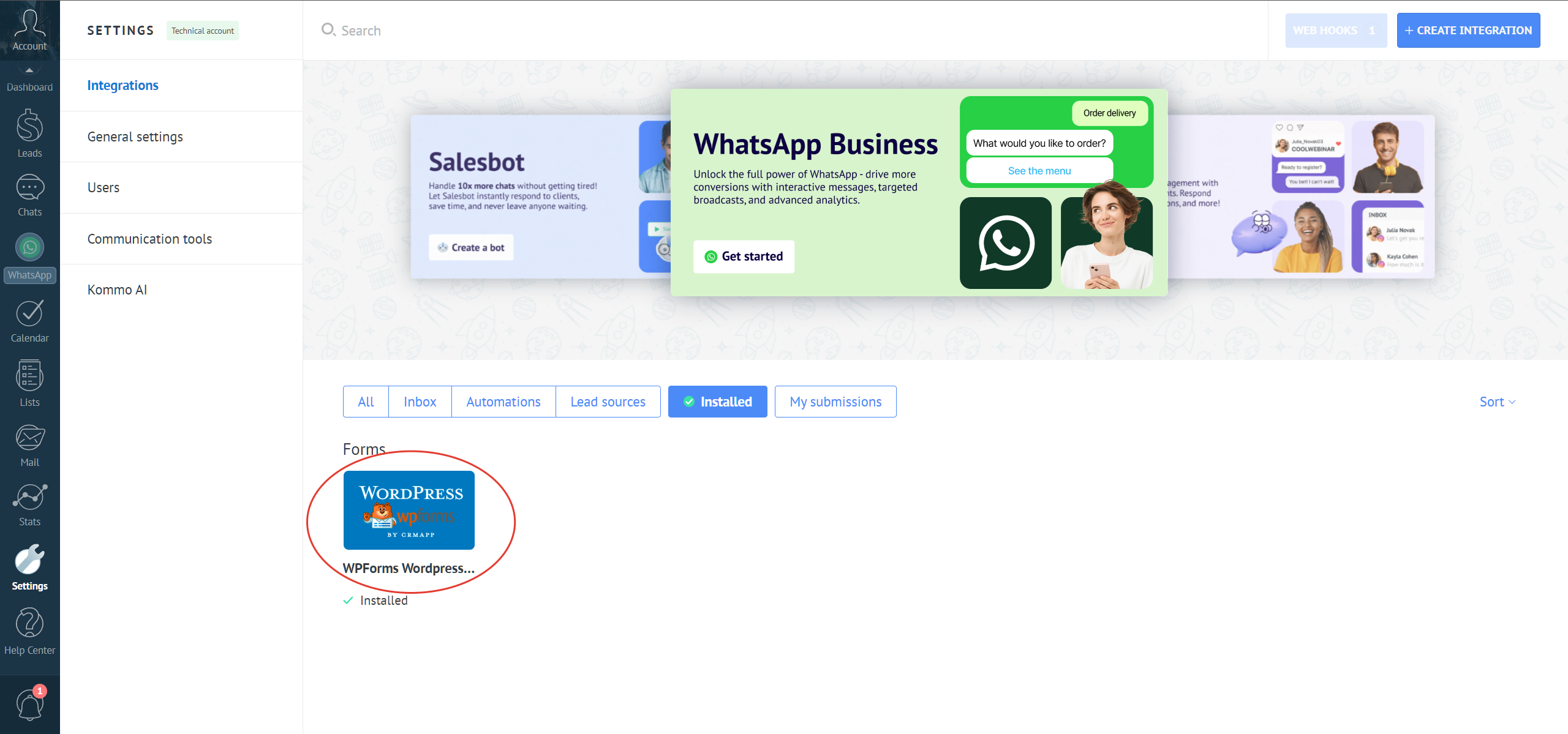 WpForms Wordpress integration with the Kommo