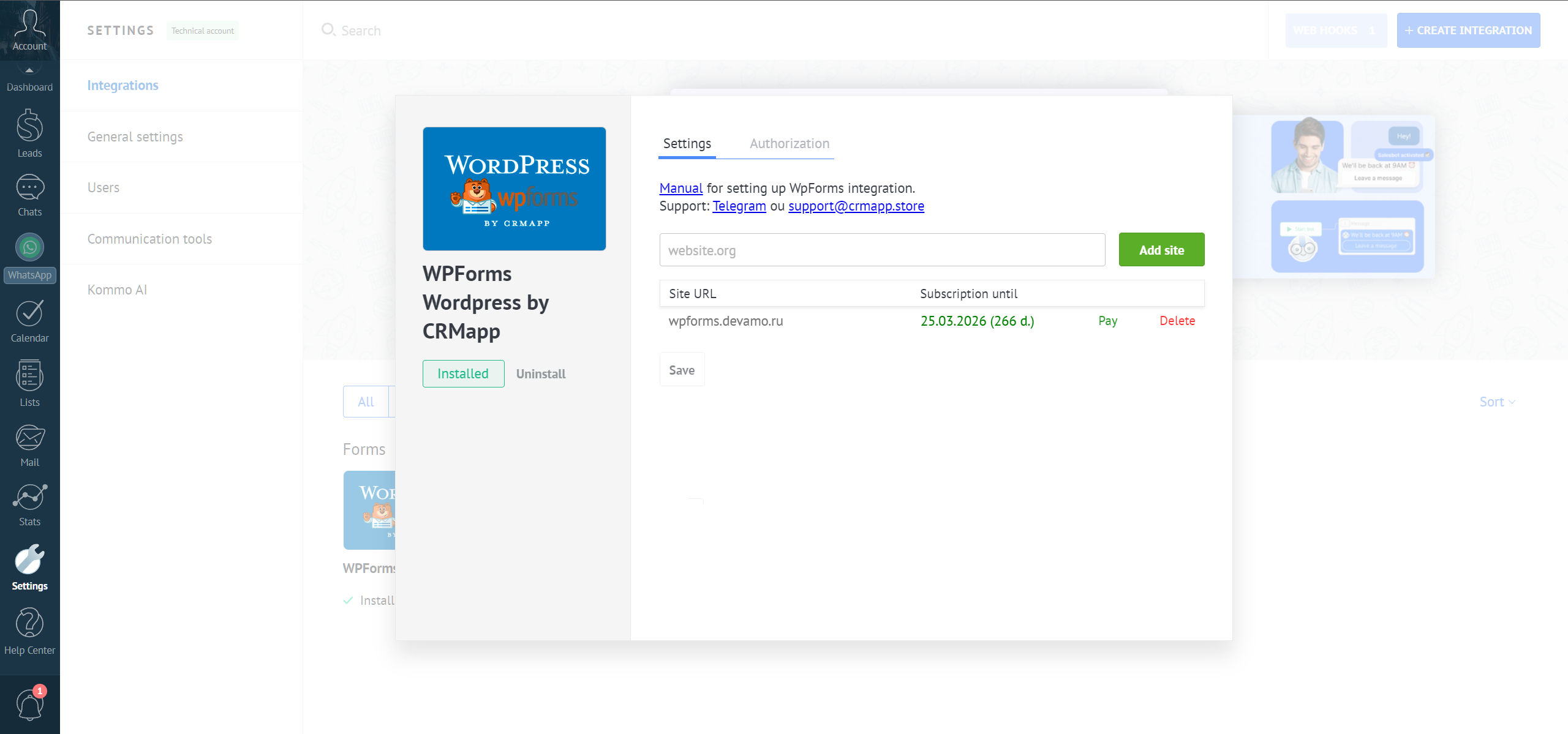 WpForms Wordpress integration with the Kommo