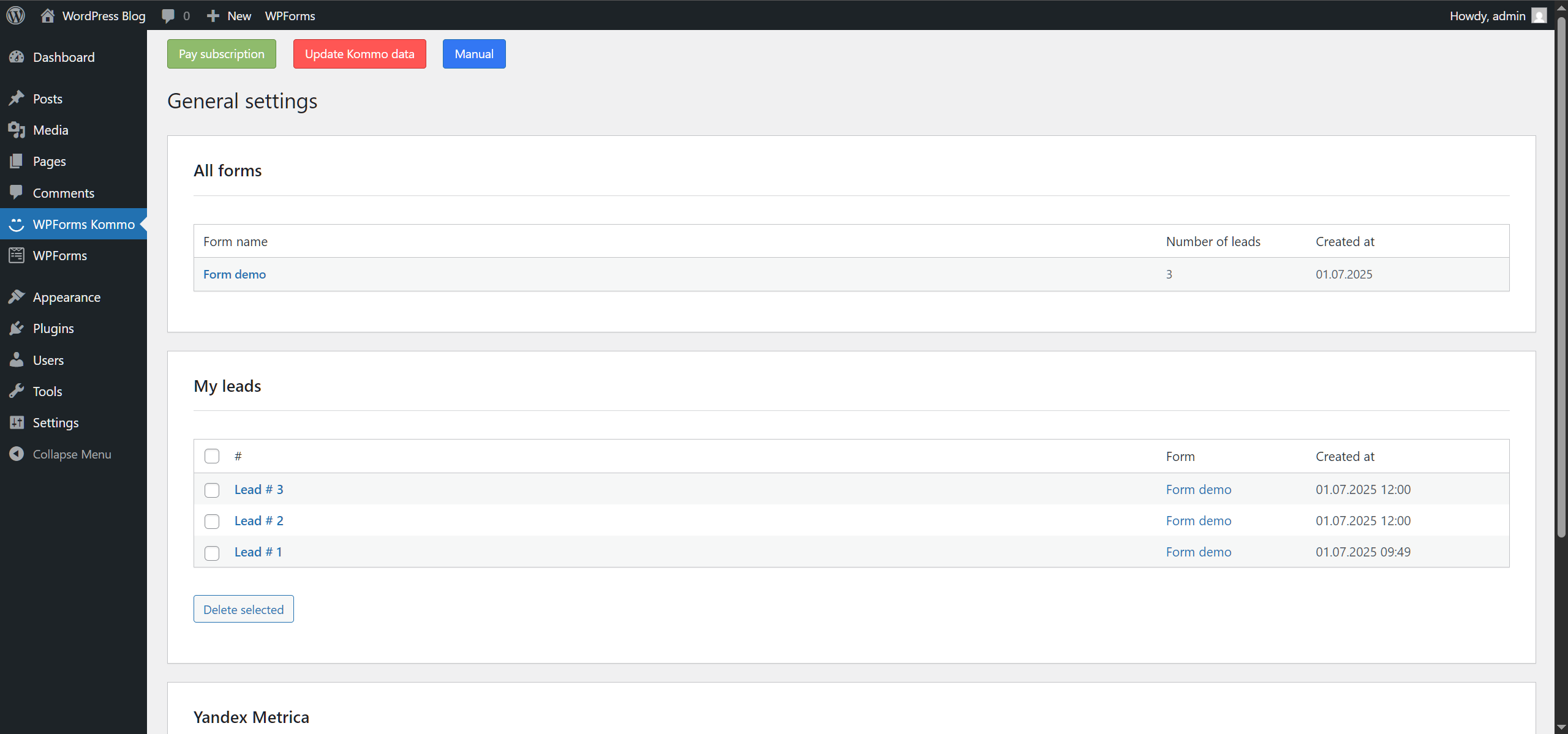 WpForms Wordpress integration with the Kommo